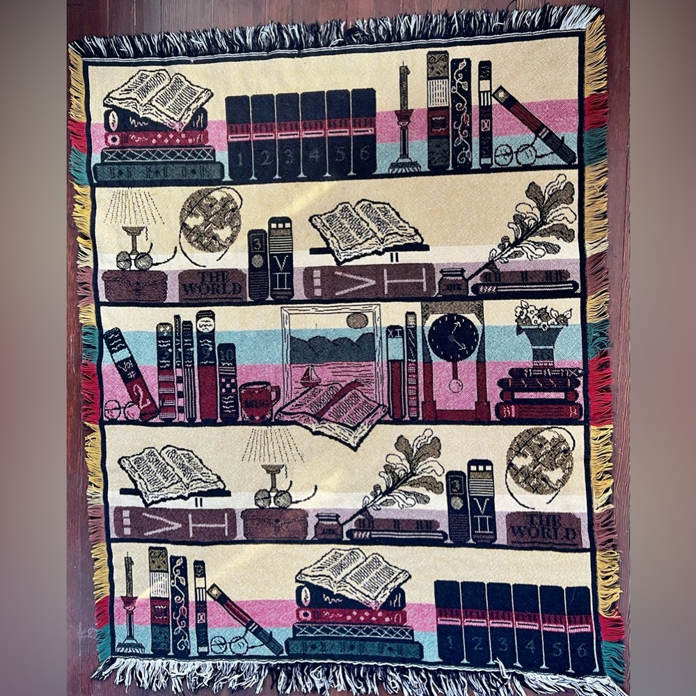 Vintage bookshelf tapestry blanket